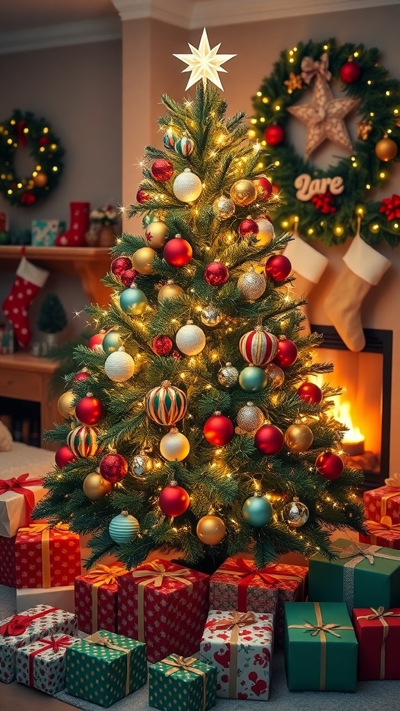 A decorated Christmas tree with gifts and a cozy fireplace.